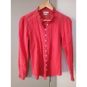 Faherty Willa Blouse Carmine gauzy Red 100% Organic Cotton Pintuck Ruffle Top S